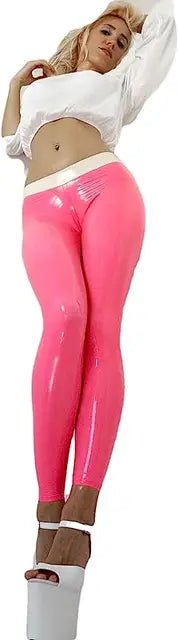 Latex Leggings Rubber Baby Pink Women's Latex Leggings Skinny Trousers White Trim