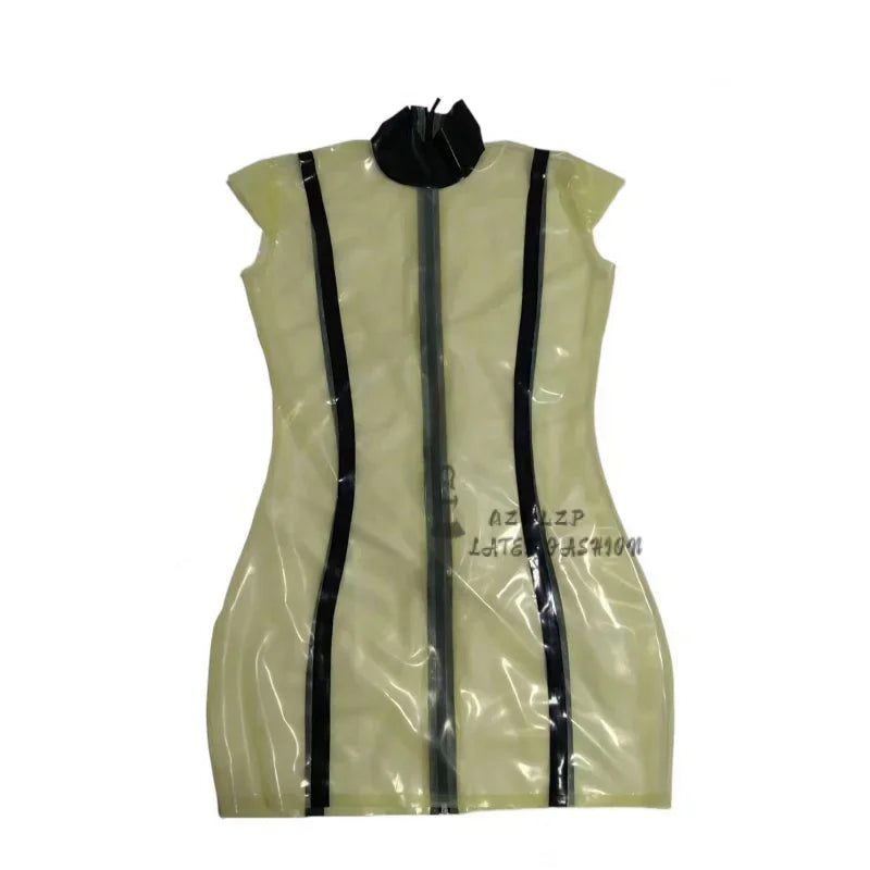 Transparent And Black Sexy Latex Dress With Stripes From Top To Bottom Zipper At Back Rubber Bodycon