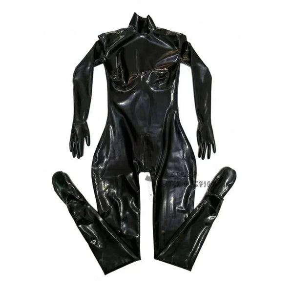 Black Latex Catsuit Rubber Gummi Leotard 3D chest with Two-Way Back Zipper Through Crotch Suitable for men and women