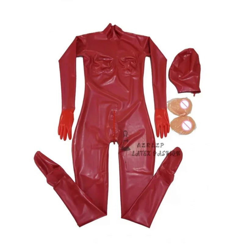 Sexy Men's Latex Full Body Bodysuit Rubber Bodysuit with Hood Silicone Chest Crossdresser with Crotch Zipper 0.4mm