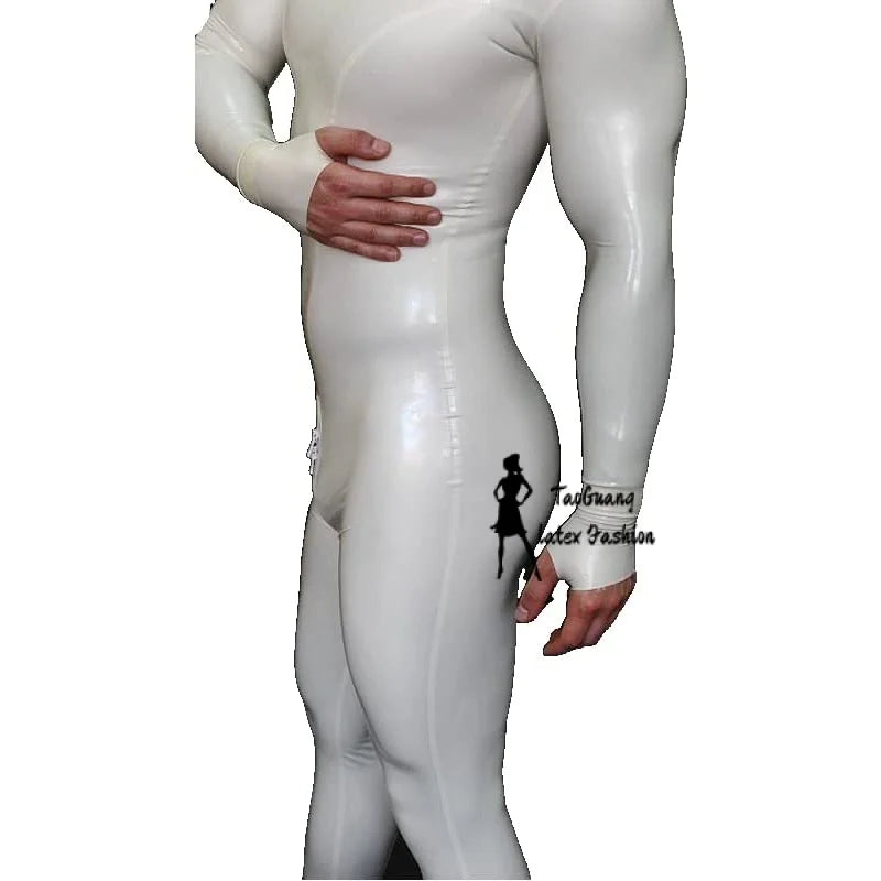 Handmade Men's White Full Body Latex Catsuit Bondage Rubber Bodysuit Hood with Back Crotch Zip