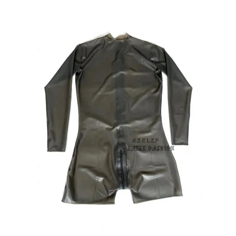 Transparent Black Latex Men Catcuit With Back Zipper Natural Rubber Short Legs Clothes Front Zipper Custom Made Jumpsuit