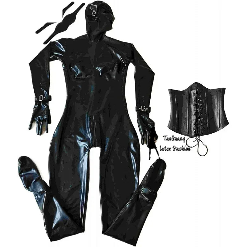 Sexy Black Latex Fetish Catsuit Full Bodysuit 3D Breast Corset Hood with Eyes Patch