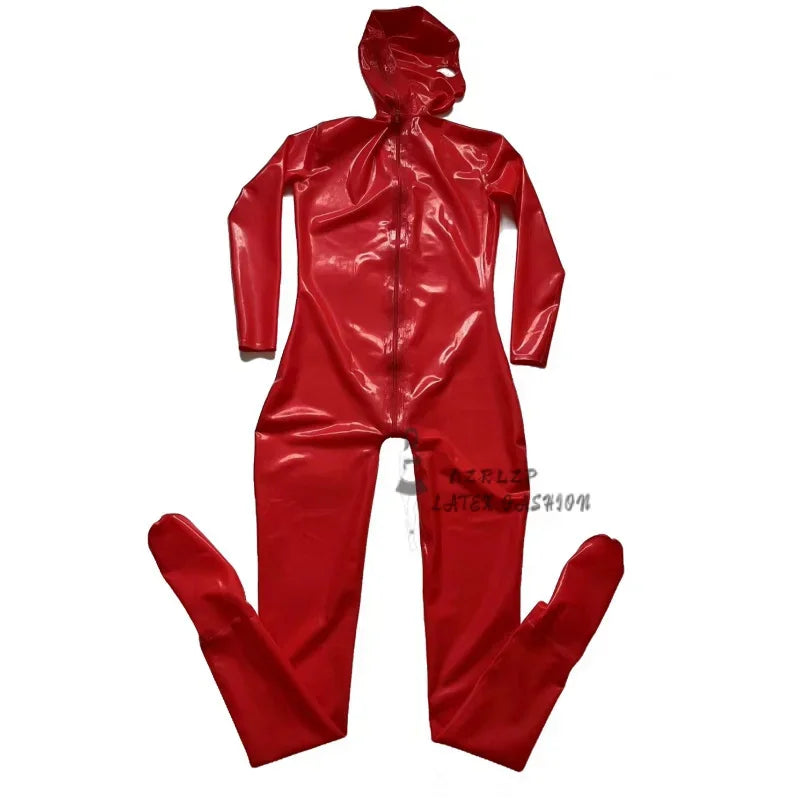 Sexy Full Body Latex Fetish Catsuit Rubber Hood Socks With Back Crotch Zipper Handmade