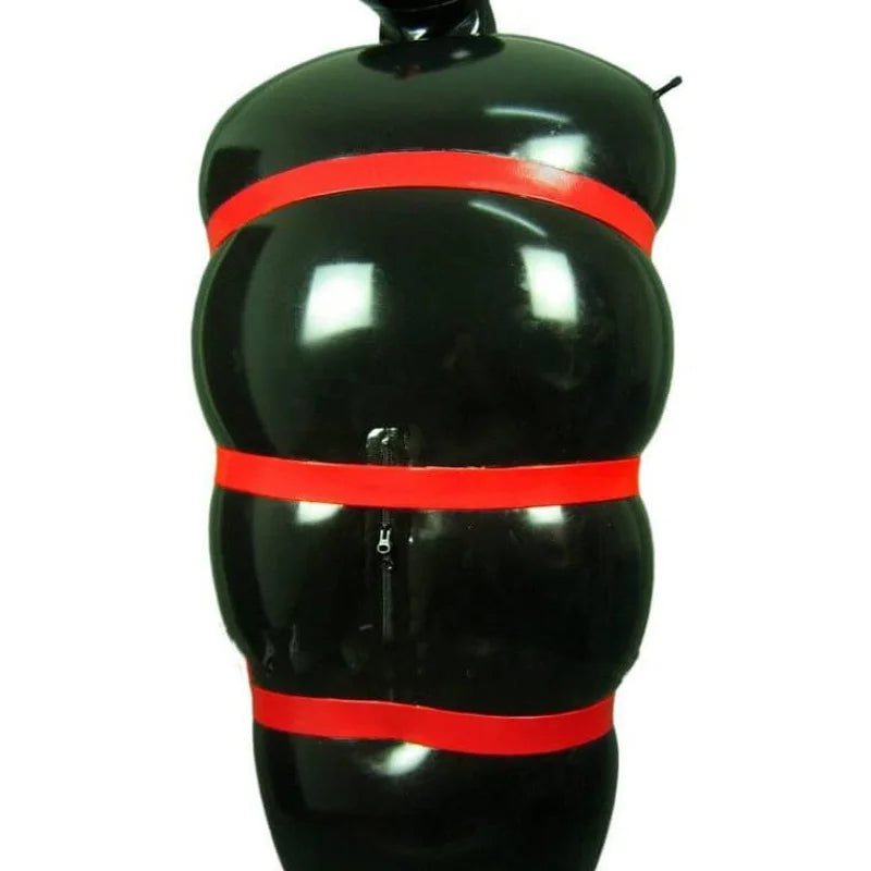 Sexy Full Body Black Latex Catsuit Inflatable Sleeping Sack Bag with Red Straps and Zipper