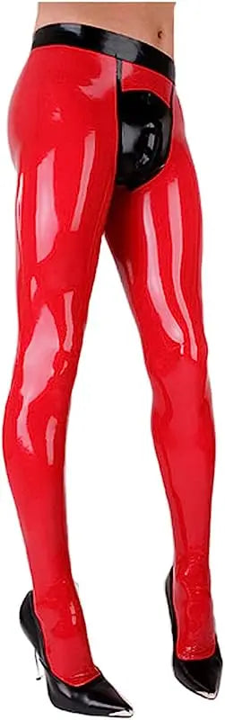 Sexy Red Latex Men Pants with Socks Front Zipper Rubber Trousers