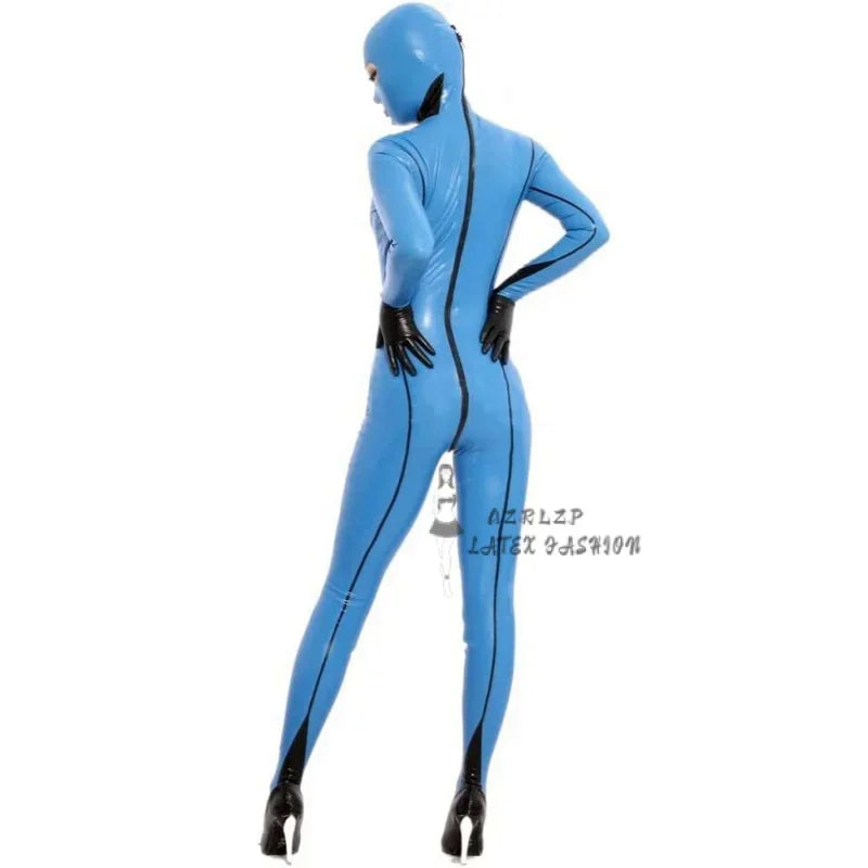 Sexy Latex Suit Rubber Full-Body Catsuit Suit Light Blue Hood Catsuit Female Zentai