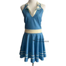 ブルーとホワイトのセクシーなラテックスドレス ノースリーブ ホルターネック ラバー ボディコン プレイスーツ