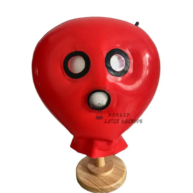 Red Latex Rubber Inflatable Unisex Double Layer Ball Mask Hood Winks Open Mouth