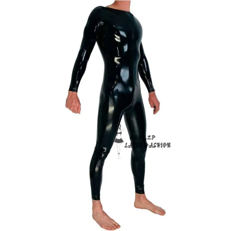 Handmade Black Men's Neck Entry Latex Catsuit with Crotch Zipper Rubber Gummi Bodysuit