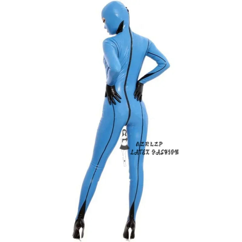 Latex Suit Rubber Full-Body Catsuit Suit Light Blue Hood Catsuit Size