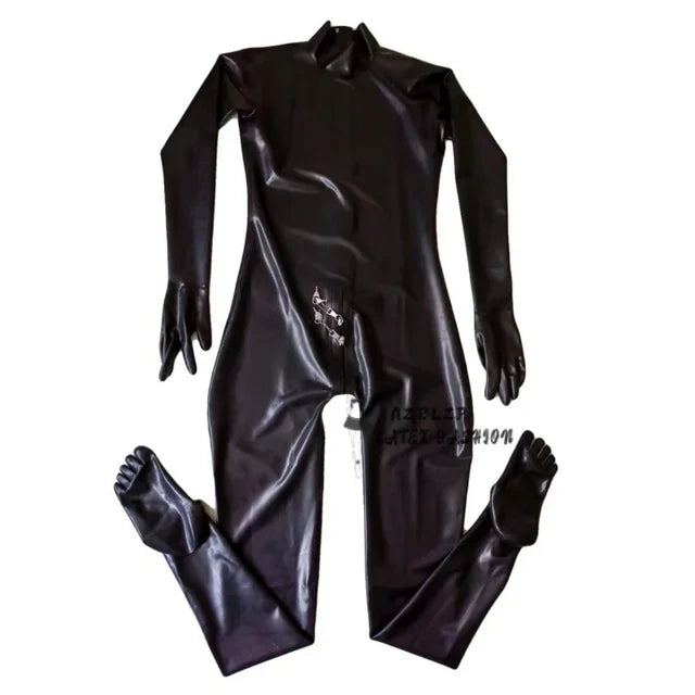 Black Latex Lockable Zipper Gummi Catsuit Rubber Fetish Jumpsuit With Gloves And Toe Socks Bodysuit Costumes Handmade