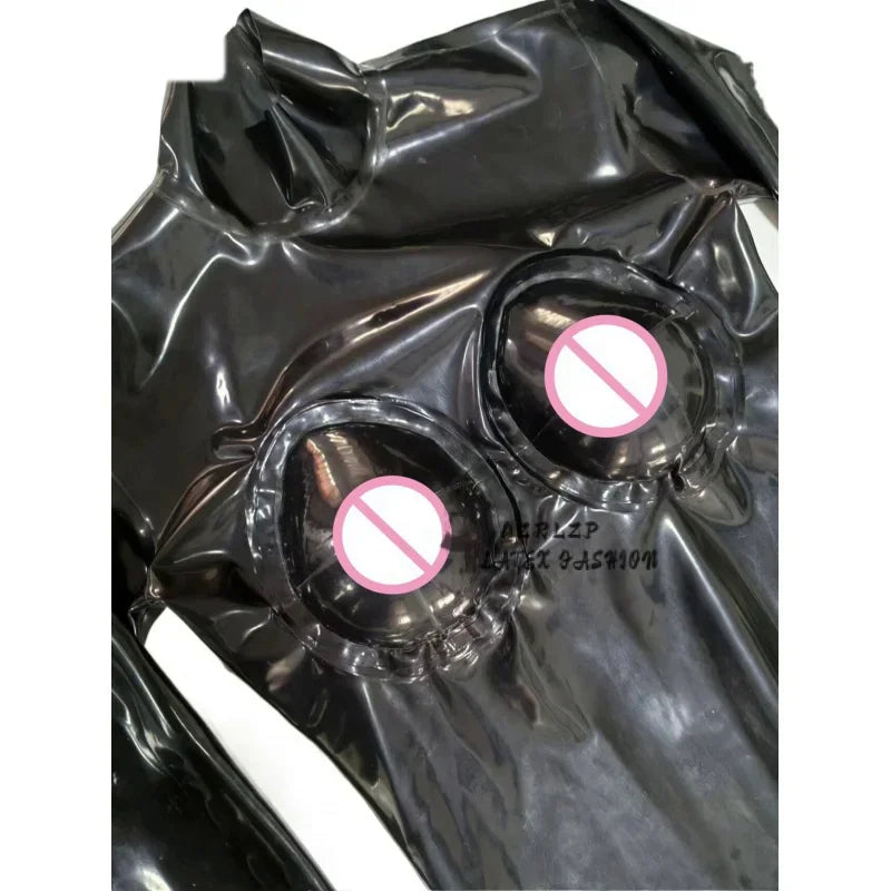 Men's Latex Black Jumpsuit Back Zipper Handmade Rubber Jumpsuit with 3D Silicone Breasts