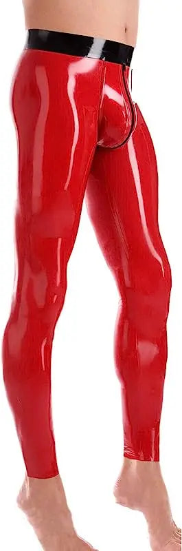 Male Leggings Trousers 100% Latex Pants Front Zip with Back Hole Red with Black Waist Band Unique Long Pants Club Wear Customize