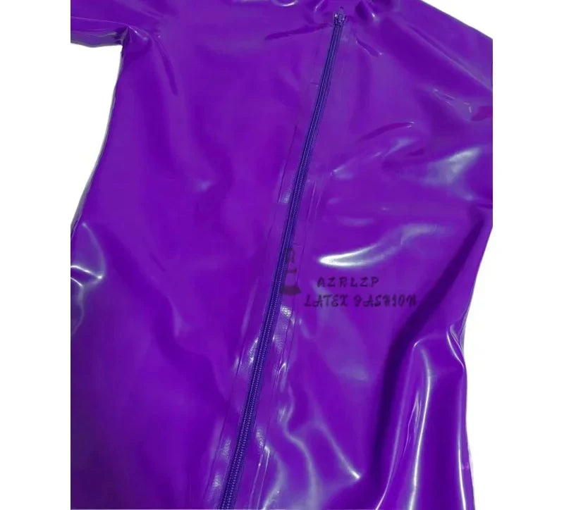 Purple Latex Bodysuit Women'S Short Sleeve Tights Latex Rubber Zentai Women Cosplay Costumes Finger Gloves Customized