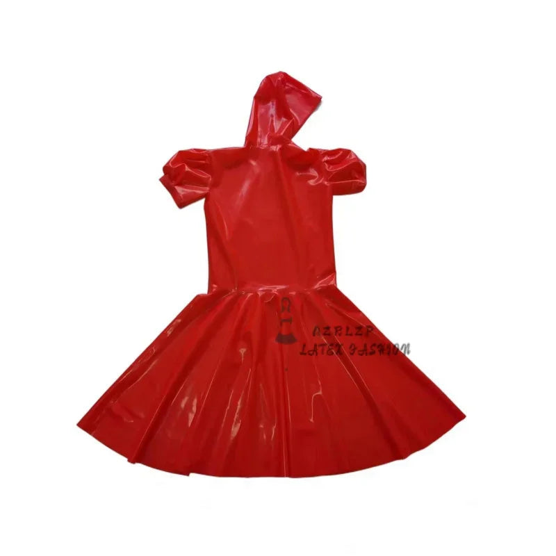 Red Sexy French Maid Latex Uniform with Buttons Front Trims Apron Rubber Dresses Outfits