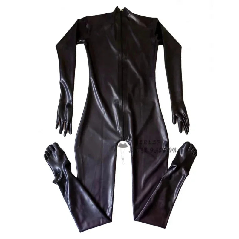 Black Latex Lockable Zipper Gummi Catsuit Rubber Fetish Jumpsuit With Gloves And Toe Socks Bodysuit Costumes Handmade