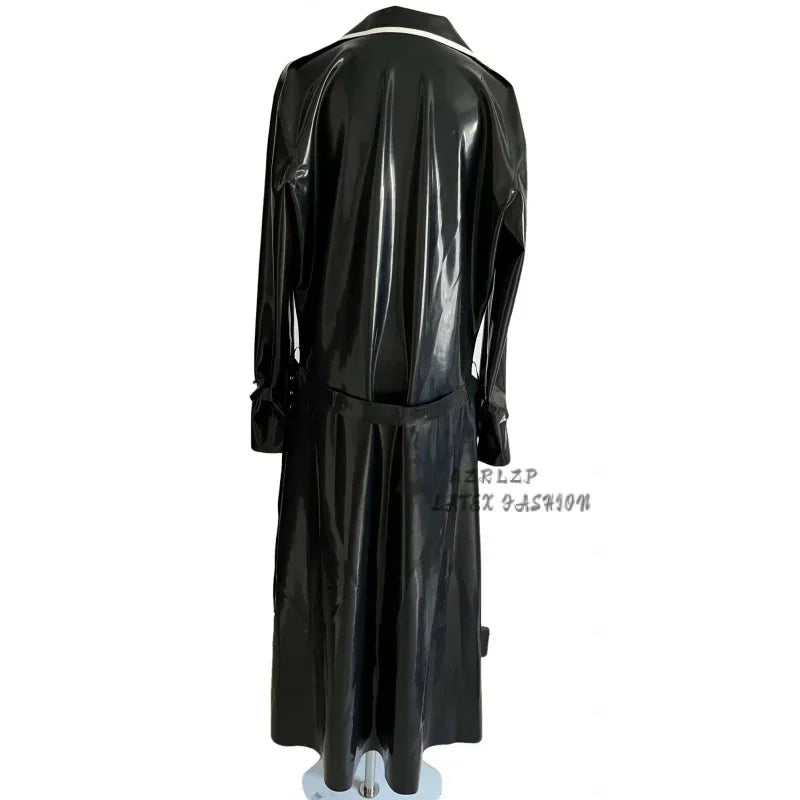 Latex Coat Rubber Unisex Black Cool Windbreaker Jacket With Belt Over The Knee Longer Outerwear Trench