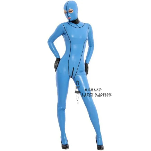 Sexy Latex Suit Rubber Full-Body Catsuit Suit Light Blue Hood Catsuit Female Zentai