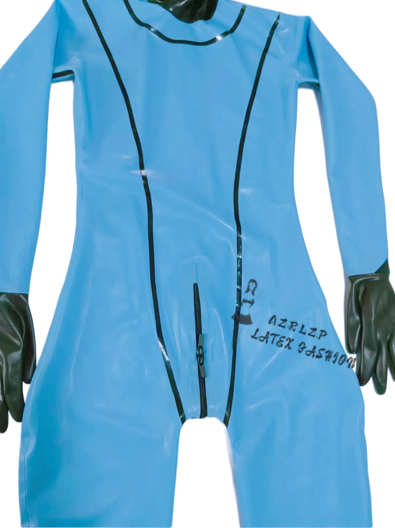 Latex Suit Rubber Full-Body Catsuit Suit Light Blue Hood Catsuit Size