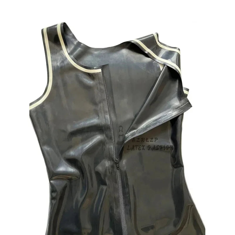 Sexy Men's Latex Rubber Sleeveless Jumpsuit Tank Style Rubber Leotard With Front Crotch Zip