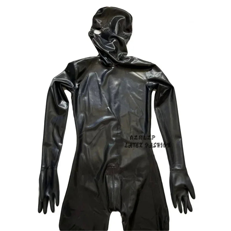 Black Latex Catsuit Rubber Coverall Zentai Bodysuit With Hood Gloves Toe Socks