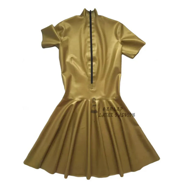 Sexy Gold Latex Dress Back Zipper Short Sleeves Rubber Uniform Bodycon Playsuit