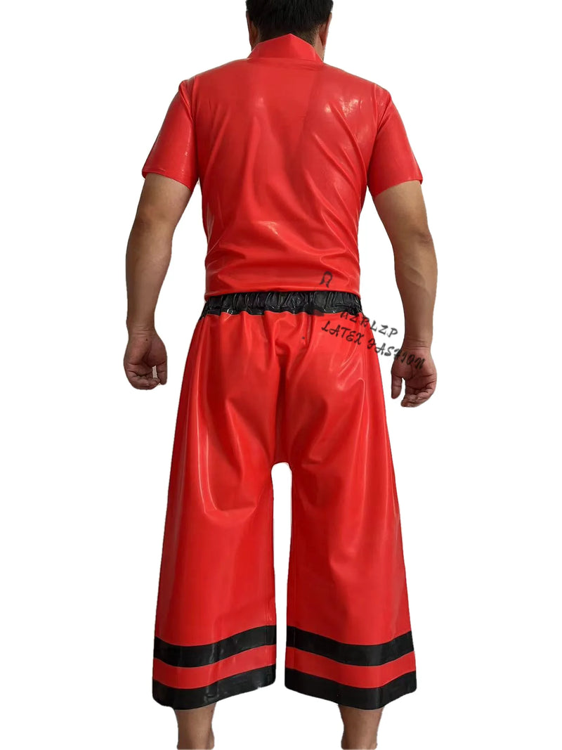 Latex Uniform Men Black Red Short Slevees Top and Medium Long Shorts Suit 0.4mm