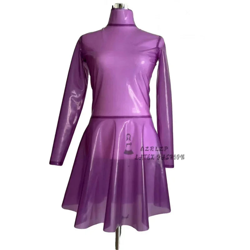 Transparent Purple Latex Dress Sexy Gummi Dresses Mini Skirts See-Through Long Sleeves Customized