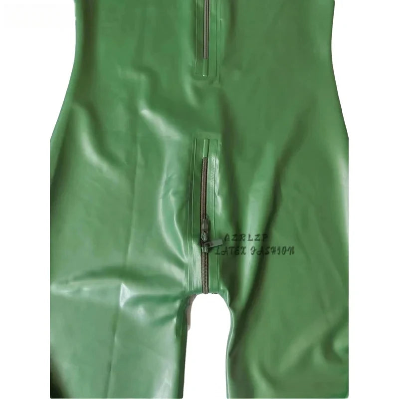 Sexy Metallic Green Latex Men Women Catsuit Rubber Bodysuit With Back Crotch Zipper Handmade