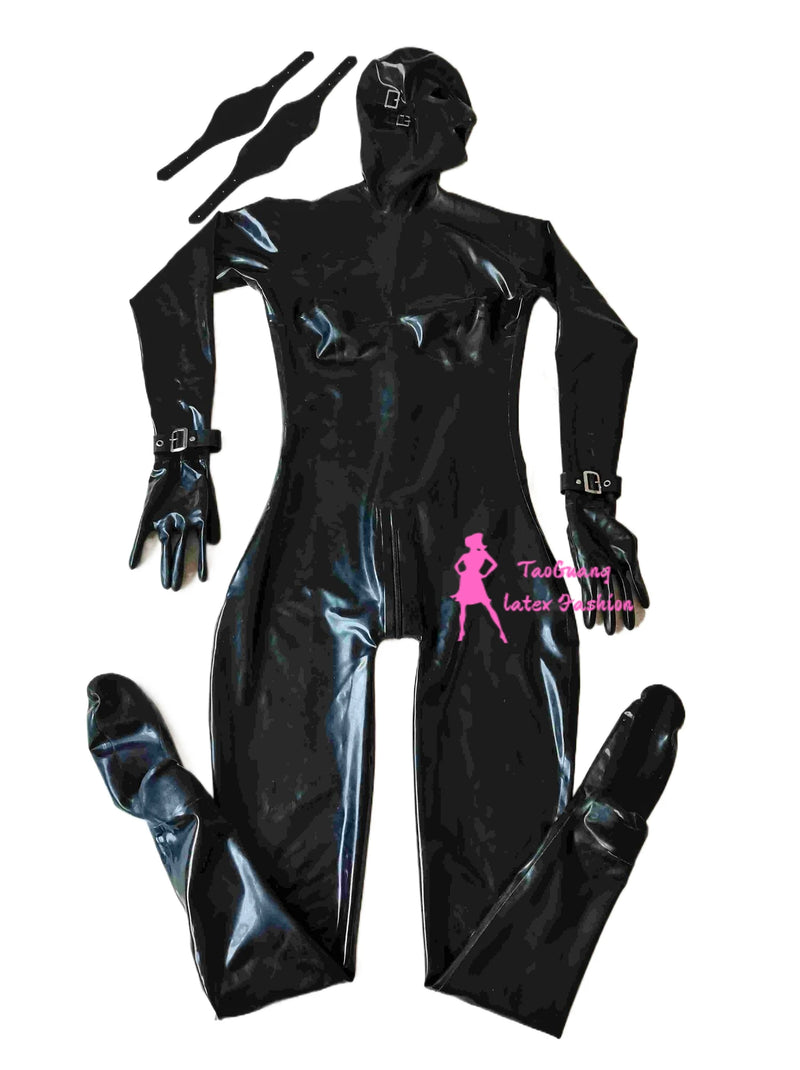 Sexy Black Latex Fetish Catsuit Full Bodysuit 3d Breast Corset Hood with Eyes Patch