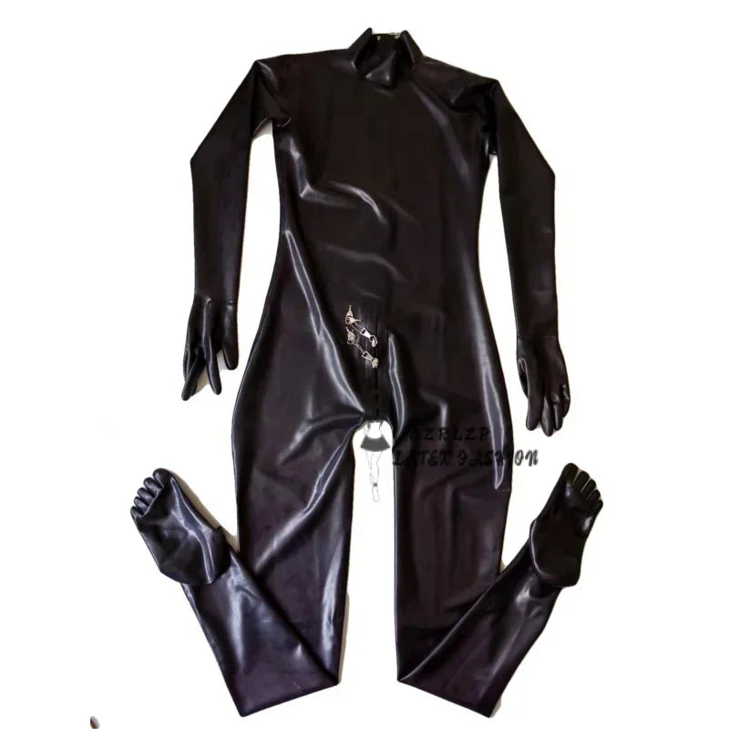 Black Latex Lockable Zipper Gummi Catsuit Rubber Fetish Jumpsuit With Gloves And Toe Socks Bodysuit Costumes Handmade