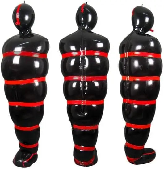 Sexy Full Body Black Latex Catsuit Inflatable Sleeping Sack Bag with Red Straps and Zipper