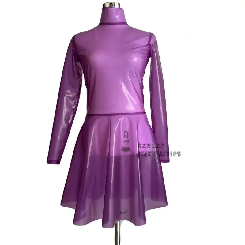 Transparent Purple Latex Dress Sexy Gummi Dresses Mini Skirts See-Through Long Sleeves Customized