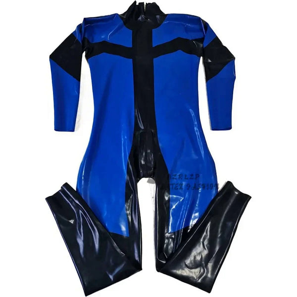 Latex Dark Blue & Black Catsuit Party Suit Tight 0.4mm Zip