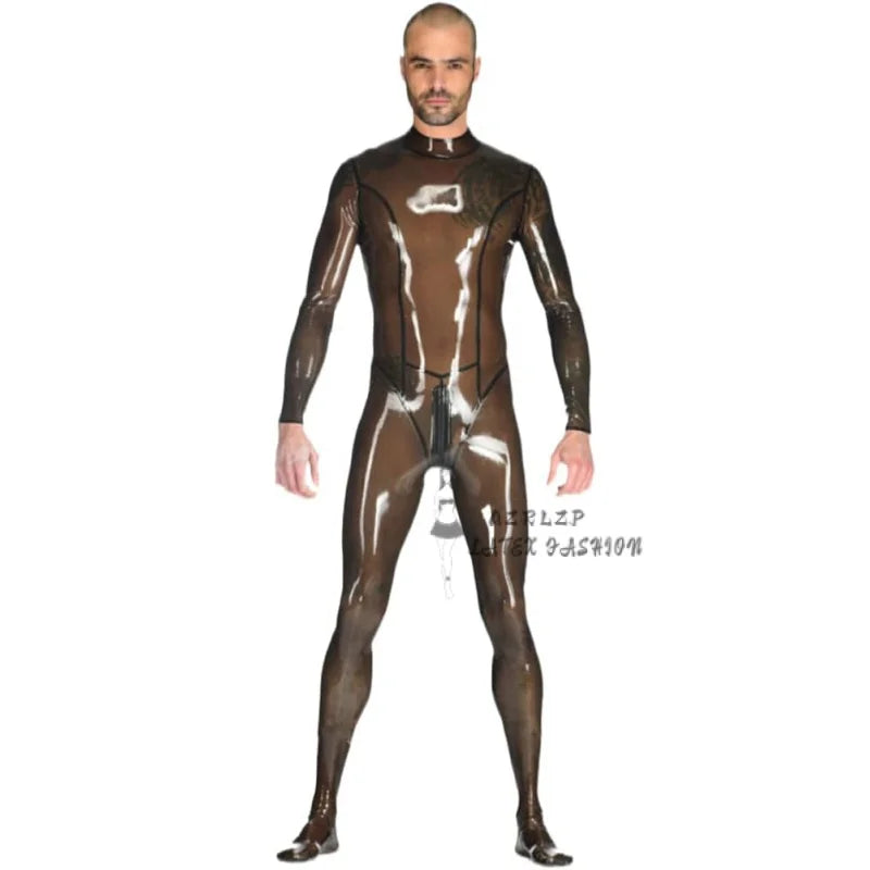 Transparent Latex Rubber Catsuit Men Gummi Bodysuits with Back Crotch Zipper