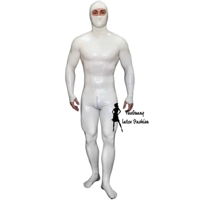 Handmade Men's White Full Body Latex Catsuit Bondage Rubber Bodysuit Hood with Back Crotch Zip