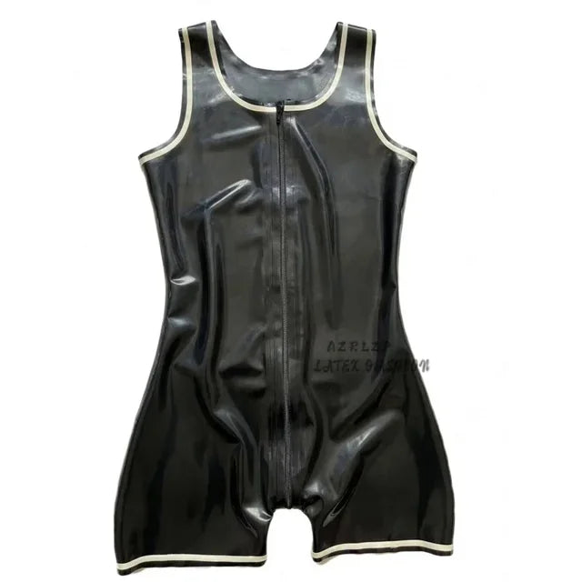 Sexy Men's Latex Rubber Sleeveless Jumpsuit Tank Style Rubber Leotard With Front Crotch Zip