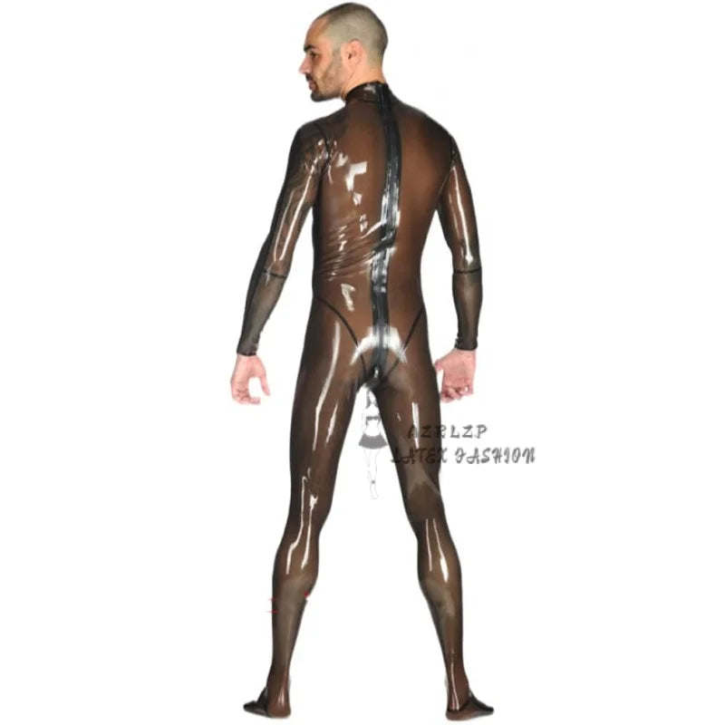 Transparent Latex Rubber Catsuit Men Gummi Bodysuits with Back Crotch Zipper