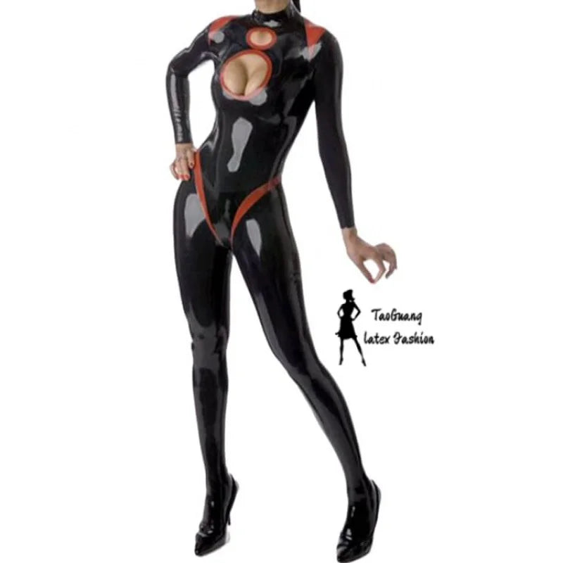 Sexy Fetish Latex Catsuit Women Garment Black Rubber Bodysuits with Holes Tight Clothing Plus Size