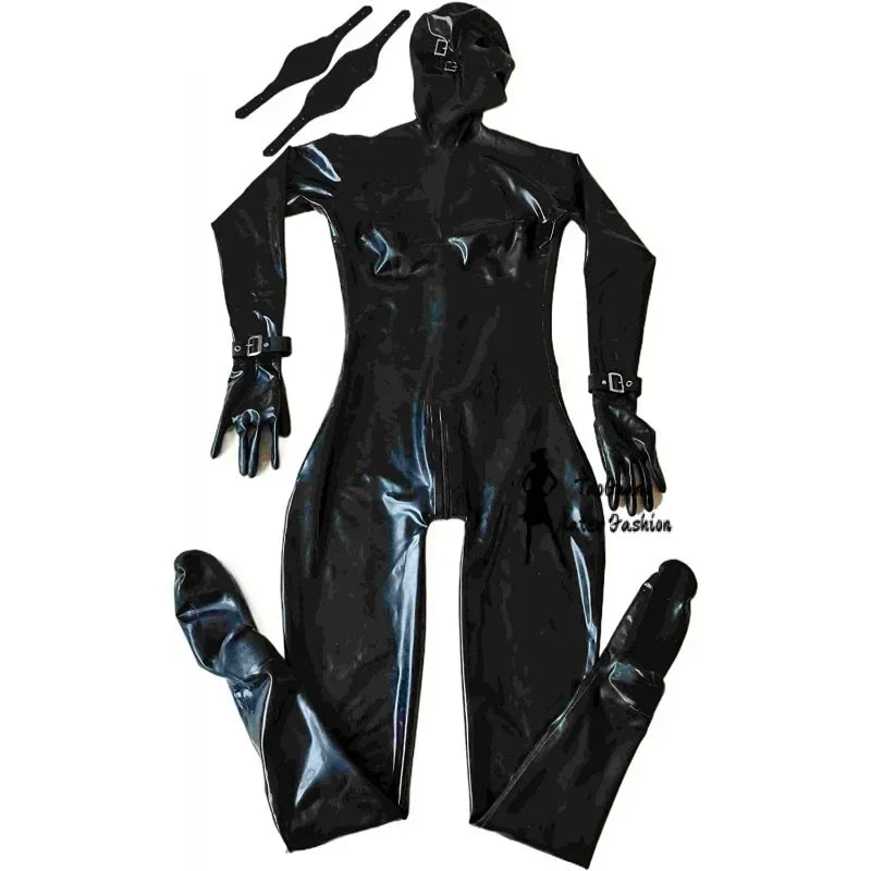 Sexy Black Latex Fetish Catsuit Full Bodysuit 3D Breast Corset Hood with Eyes Patch