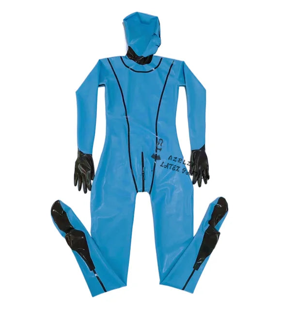 Latex Suit Rubber Full-Body Catsuit Suit Light Blue Hood Catsuit Size