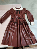 Lady Latex Puff Long Sleeve Pleated Dress Sissy Bowknot Slim and Flared Knee-Length Dress with Belt