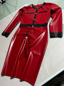 Women's Latex Round-neck Dress with Black and Red Color Blocking.