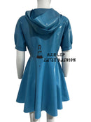 Women's Raglan Sleeves Hooded Dress Rubber Puff Short Sleeved A-line Pleated Midi Dresses