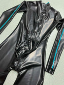 Black Latex Bodysuit with Light Blue Stripes and A Zipper At The Crotch