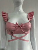 Latex bra with underwire, bow detail, and ruffled straps.