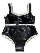 Women's Latex Wireless Bra and Panty Set with Ruffle Trim.