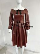 Lady Latex Puff Long Sleeve Pleated Dress Sissy Bowknot Slim and Flared Knee-Length Dress with Belt