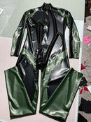 Black and Metallic Green Blocked Rubber Bodysuit Latex Catsuit Back Crotch Zipper